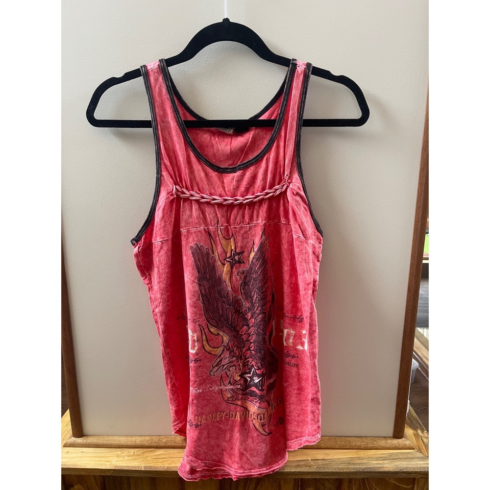 Harley-Davidson Womens Red Acid Wash Eagle Graphic Braided Tank Top Size L
